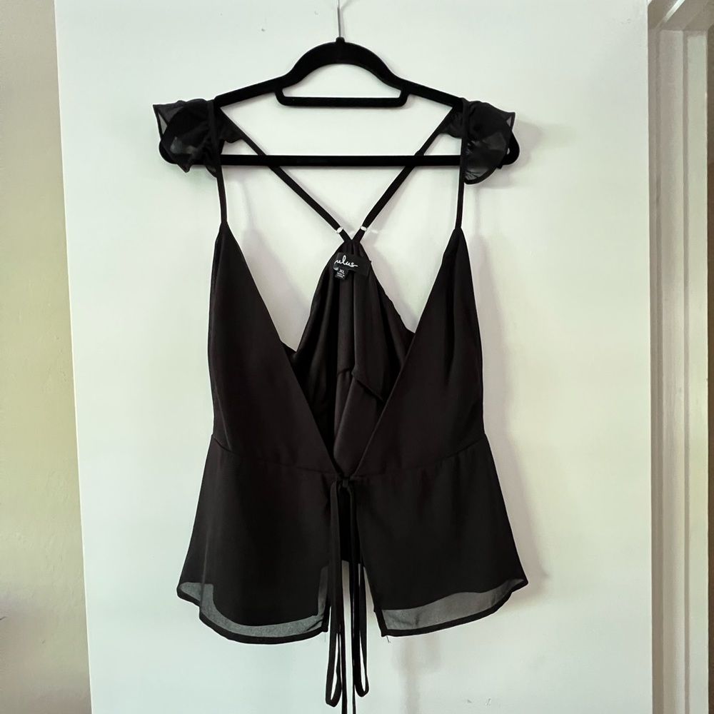 Lulu’s open front black silk top